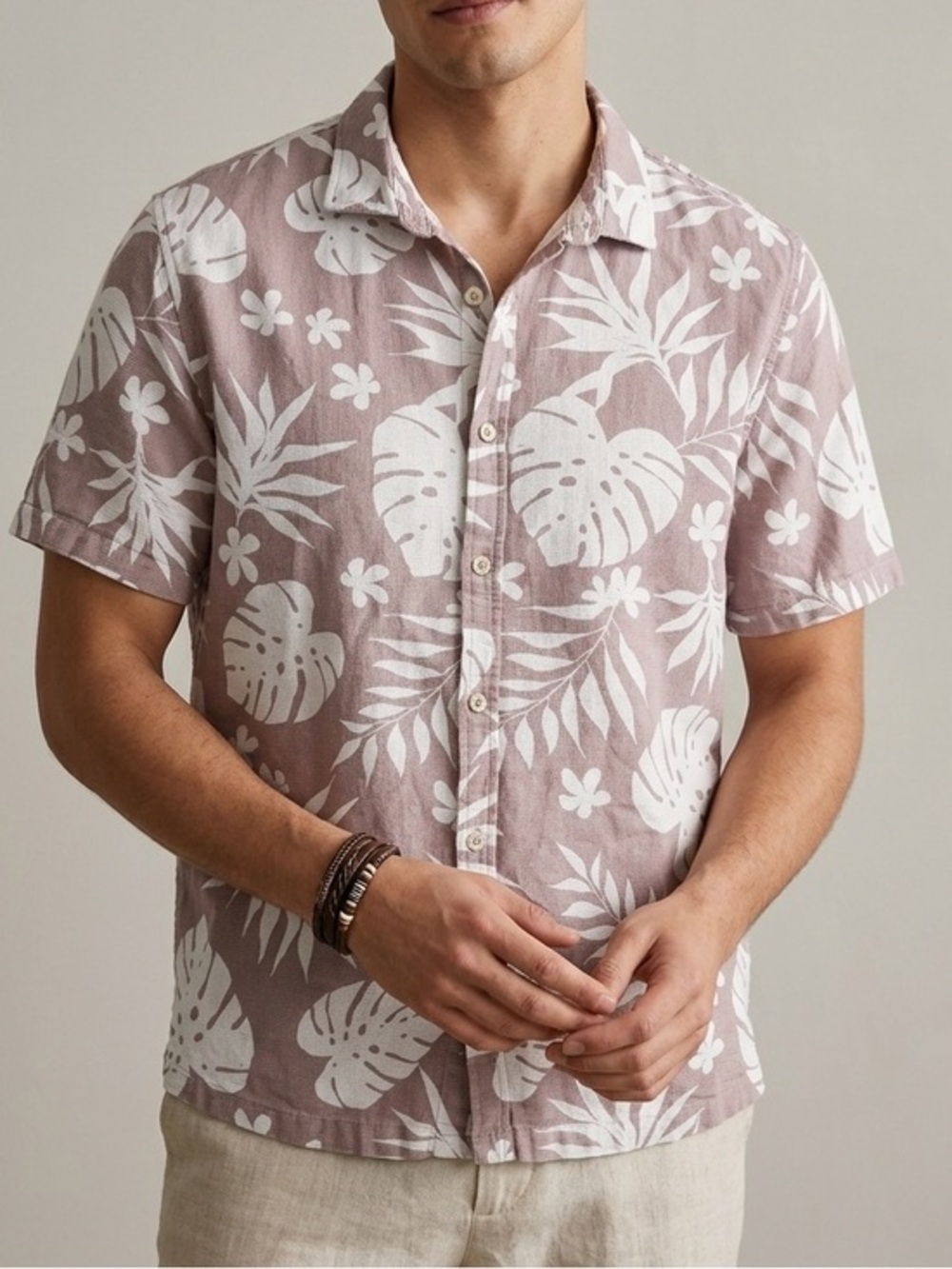 FOLK Kingston Short Sleeve Monstera‎ Palm Leaf Print Shirt Mauve XL